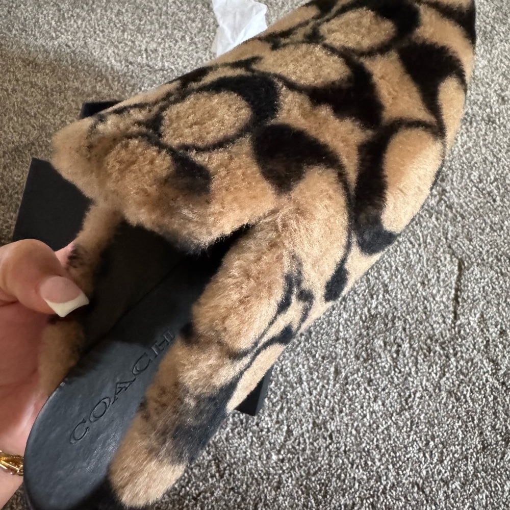Coach Furry Shearling Slippers in Brown and Black - Picture 5 of 6